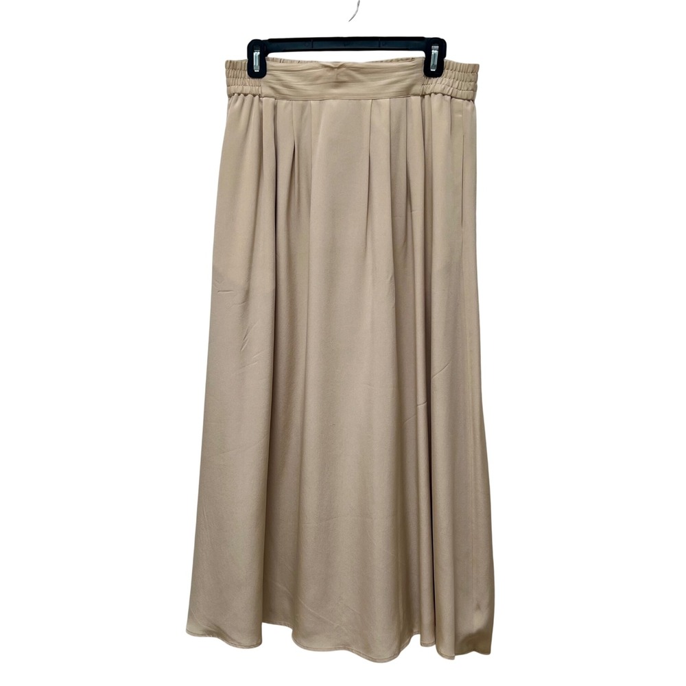 Ann May Vintage 100% Silk Maxi Skirt Beige Pleated High Waist Pockets Size 12